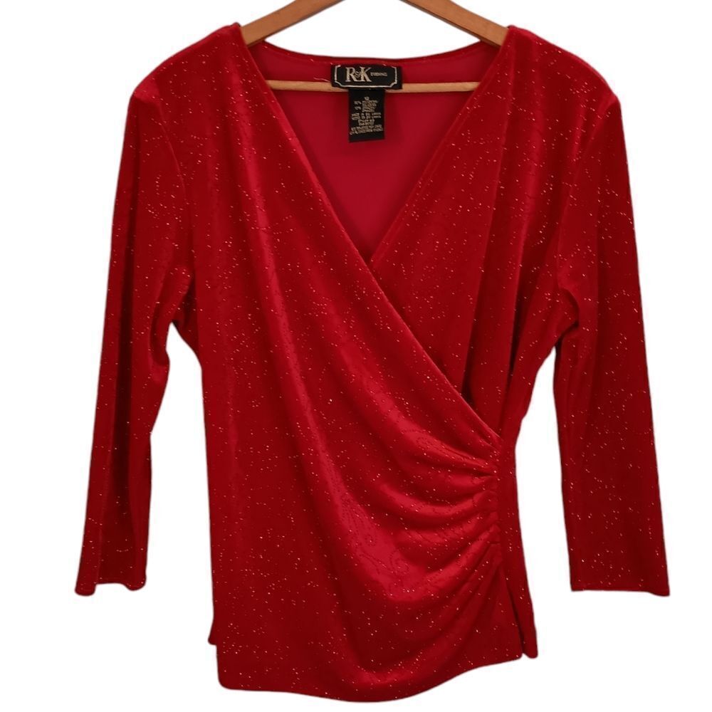 R&K Evening Red Velvet Wrap Top Sz 12 L Glitter Surplice Top Long Sleeve Party
